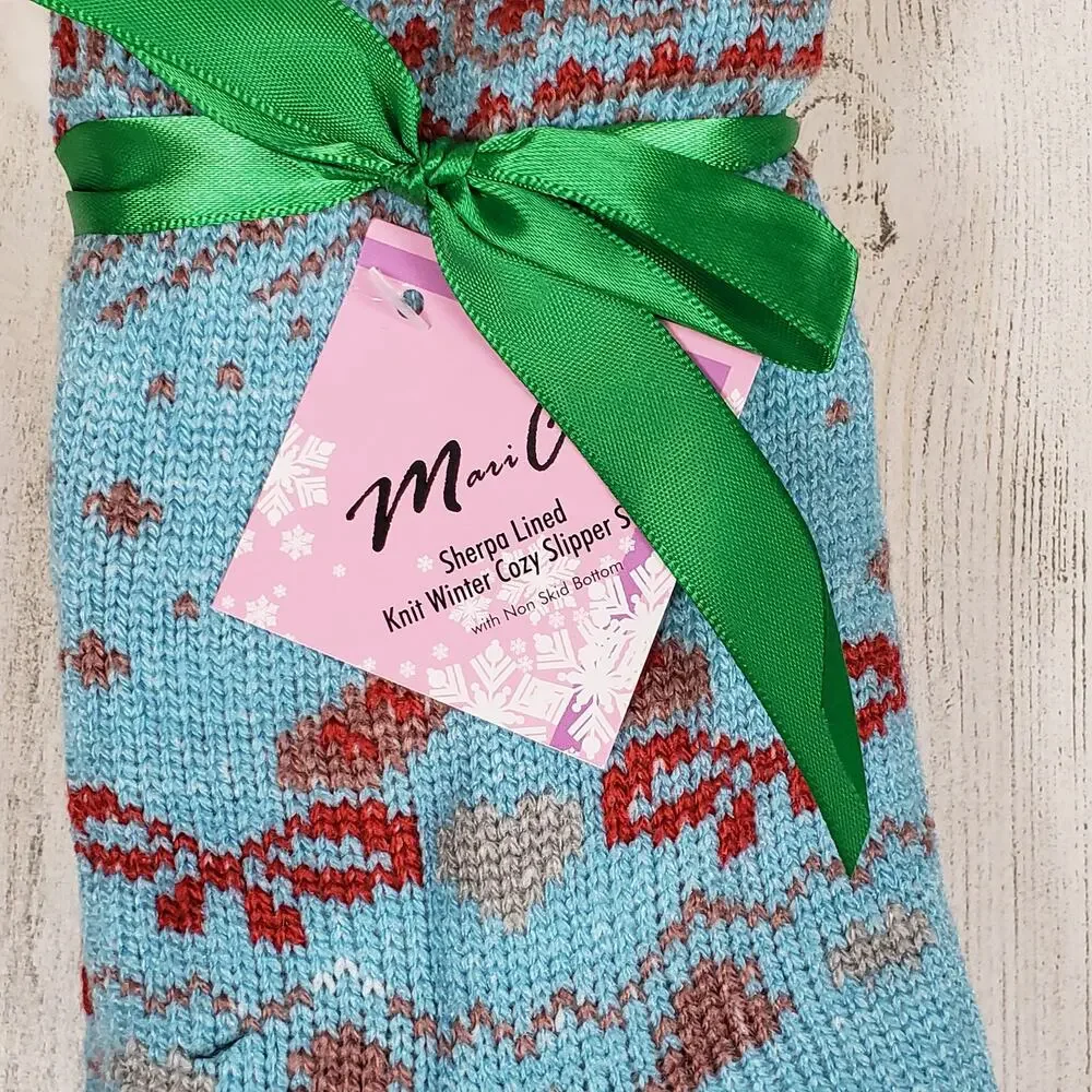 NWT Mari Clare Sherpa Lined Knit Winter Holiday Design No-Slip Slipper Socks